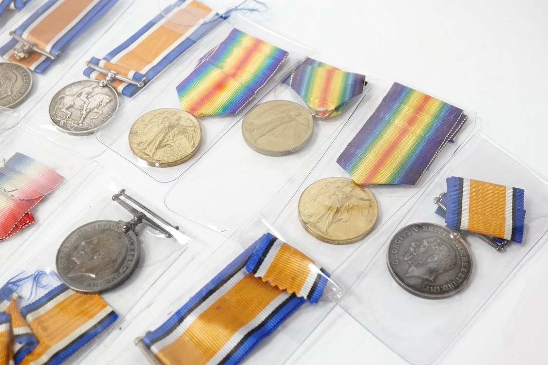 A collection of eighteen First World War medals including; eight British War Medals, five Victory Medals, four 1914-15 Stars, and one 1914 Star with clasp for 5th Aug - 22nd Nov. 1914, all named. Condition - poor to good